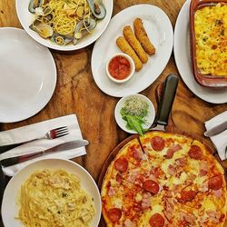Directly above shot of food served on table