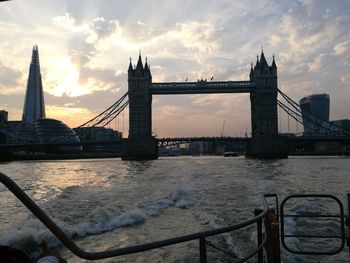 Bridge over river with city in background