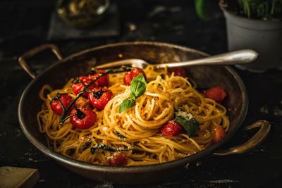 Close-up of noodles served in bowl