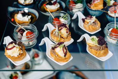 Close-up of served food on table