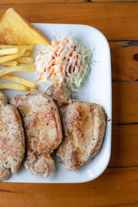 High angle view of food served on table