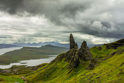 Scenic view of mountains against cloudy sky