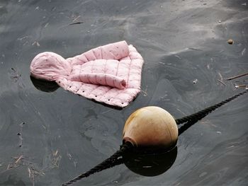 High angle view of buoy and jacket floating on water