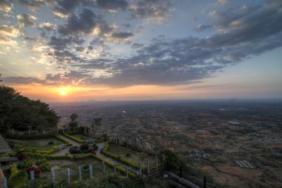 High angle view of townscape against sky during sunset