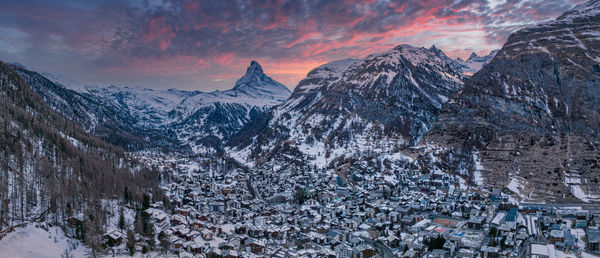 Aerial view on zermatt valley and matterhorn peak