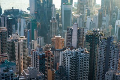 High angle view of modern buildings in city