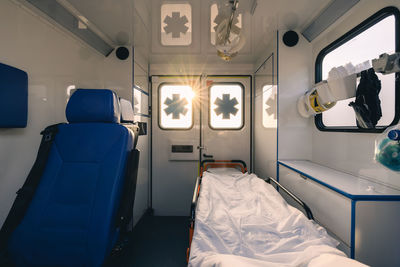 Interior of modern ambulance car of emergency medical service. 