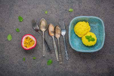 High angle view of food with cutleries on table