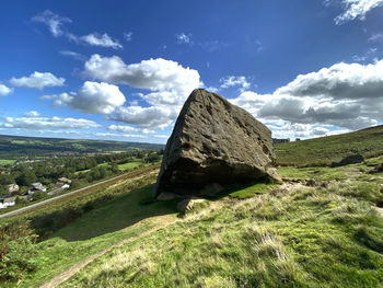 Large boulder, high on the moors, at the, cow and calf rocks, ilkley, uk