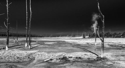 Smoke emitting from land on snowy field at night