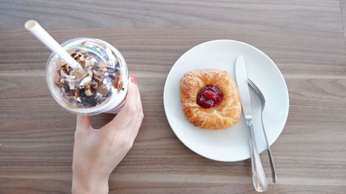 High angle view of breakfast served on table