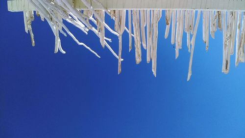 Low angle view of roof against clear blue sky