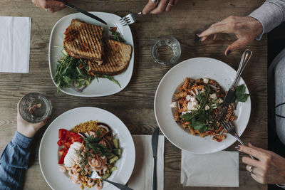 High angle view of meal served on table