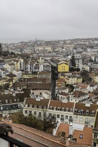 High angle view of buildings in city against sky