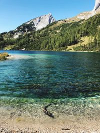 Scenic view of lake and mountains against sky