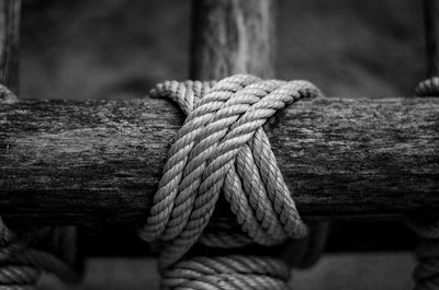 Close-up of rope tied on wooden post