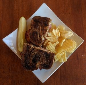 High angle view of food served on table