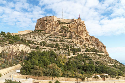 Low angle view of castle on mountain against cloudy sky