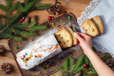 Close-up of hand holding christmas cake