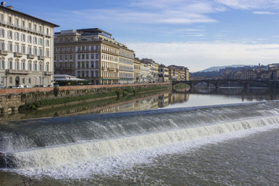 Bridge over river against sky in city