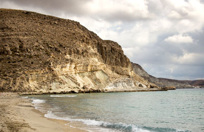 Scenic view of sea by mountain against sky