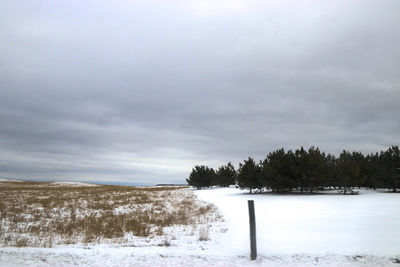 Scenic view of landscape against sky during winter