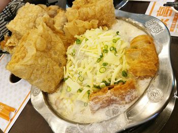 High angle view of food in plate