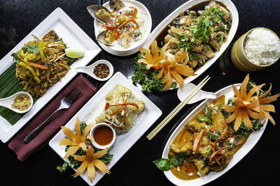 High angle view of food served on table