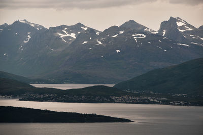 Scenic view of mountains and lake against sky