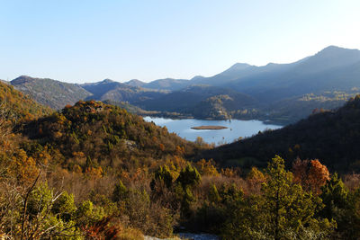 Scenic view of lake and mountains against clear sky