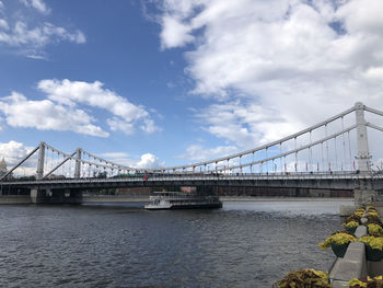 View of suspension bridge against cloudy sky