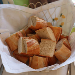 High angle view of bread in basket on table