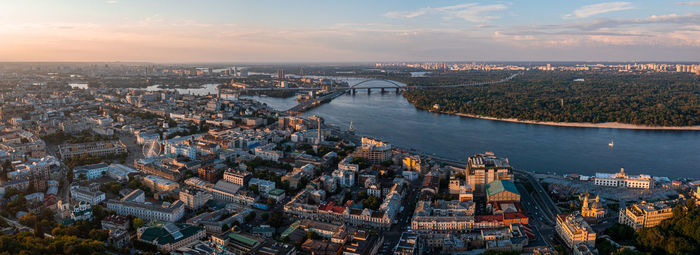 Beautiful sunset over kyiv city from above.