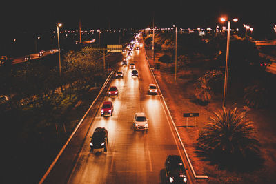 High angle view of traffic on road at night