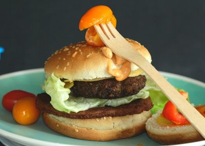 Close-up of burger in plate