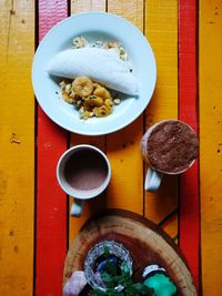 Directly above shot of breakfast served on table