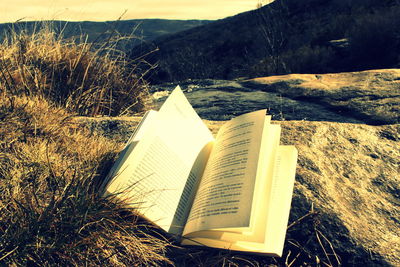 Tilt image of open book on land