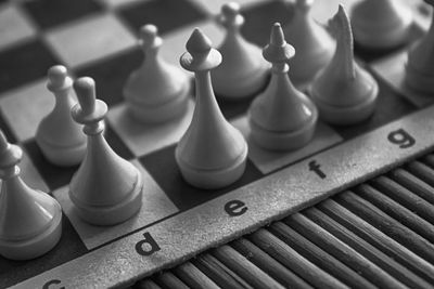 High angle view of chess pieces