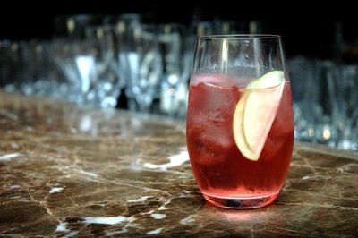 Close-up of cocktail in glass on table