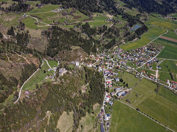 High angle view of plants and trees on field