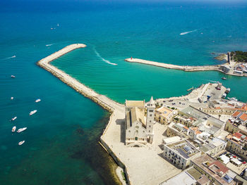 High angle view of boats on beach