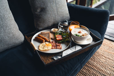 High angle view of breakfast served on table