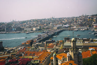 Aerial view of cityscape and sea against sky