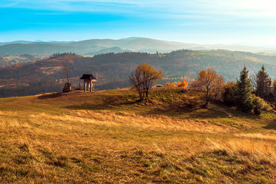 Beautiful view on polish mountains beskidy seen from ochodzita mountain in the autumn, evening light