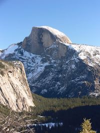 Scenic view of snowcapped mountains against clear blue sky