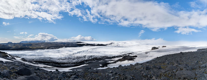 Panoramic view of landscape against cloudy sky during winter
