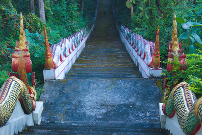 Empty footbridge along plants