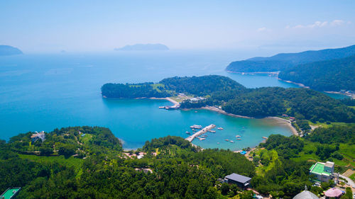 High angle view of bay against sky