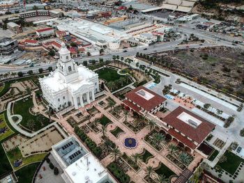 High angle view of buildings in city