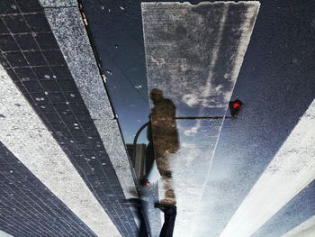 Reflection of man on puddle